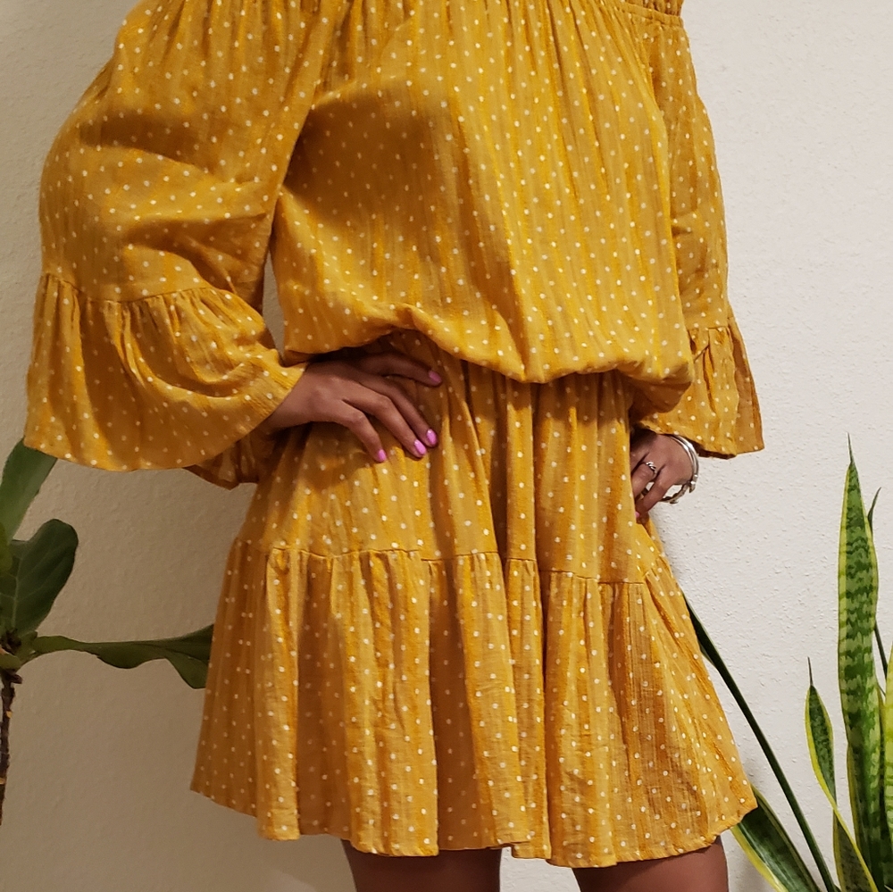 Asos, mustard polka dot, off the shoulder, bell sleeve, short western style dres